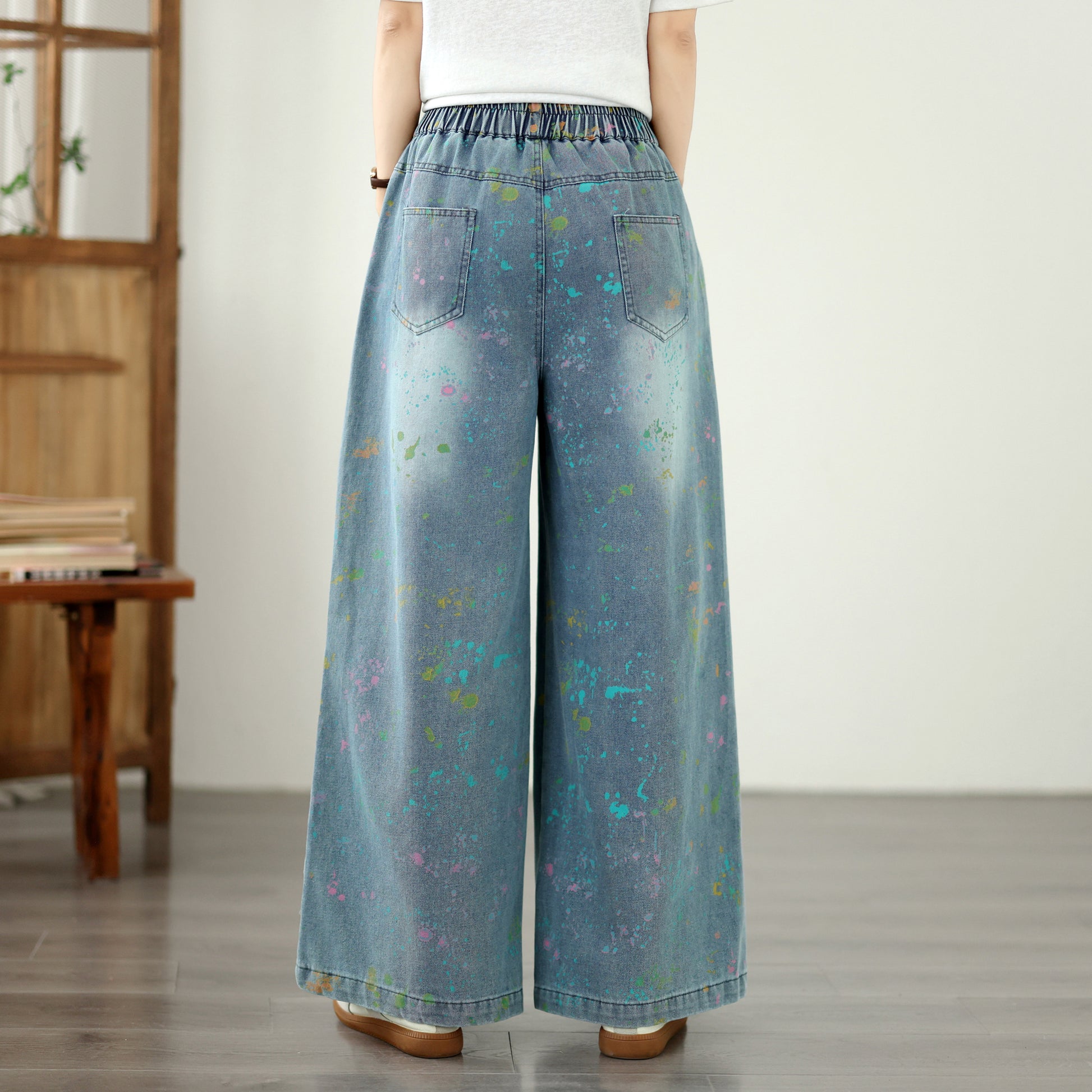 Women’s Wide-Leg Denim Pants – Elastic Waist, Paint Splatter Print, Casual Loose Fit Jeans - LAI MENG FIVE CATS