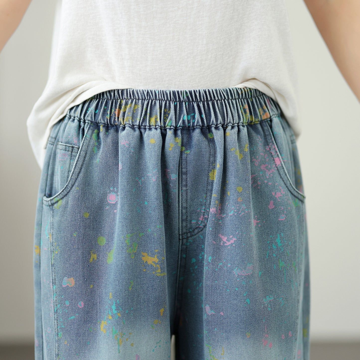 Women’s Wide-Leg Denim Pants – Elastic Waist, Paint Splatter Print, Casual Loose Fit Jeans - LAI MENG FIVE CATS