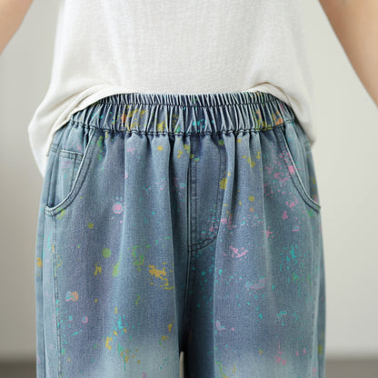 Women’s Wide-Leg Denim Pants – Elastic Waist, Paint Splatter Print, Casual Loose Fit Jeans - LAI MENG FIVE CATS
