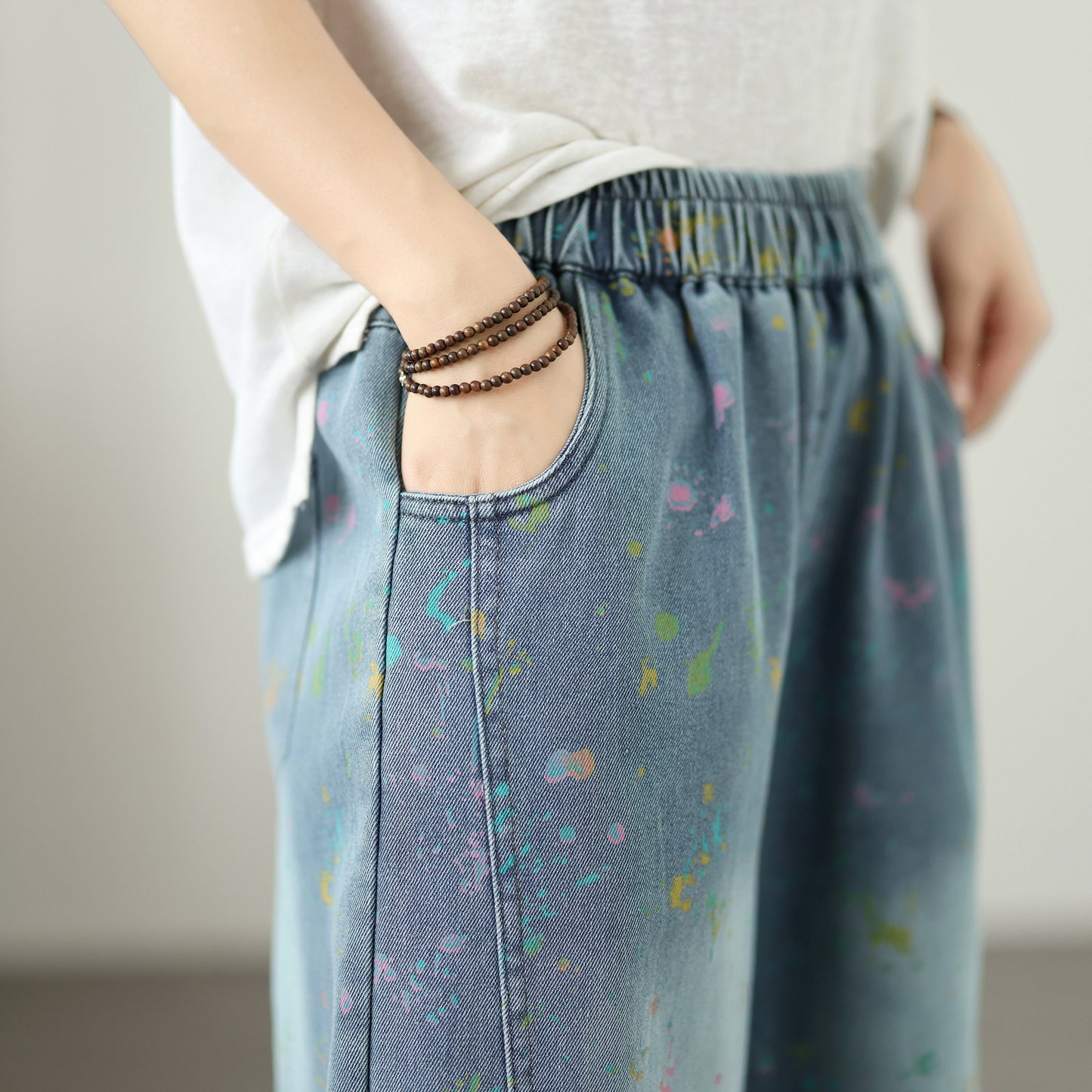 Women’s Wide-Leg Denim Pants – Elastic Waist, Paint Splatter Print, Casual Loose Fit Jeans - LAI MENG FIVE CATS