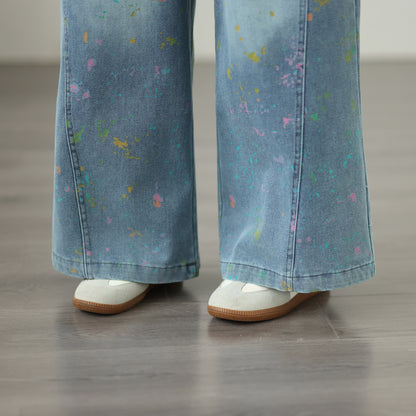 Women’s Wide-Leg Denim Pants – Elastic Waist, Paint Splatter Print, Casual Loose Fit Jeans - LAI MENG FIVE CATS