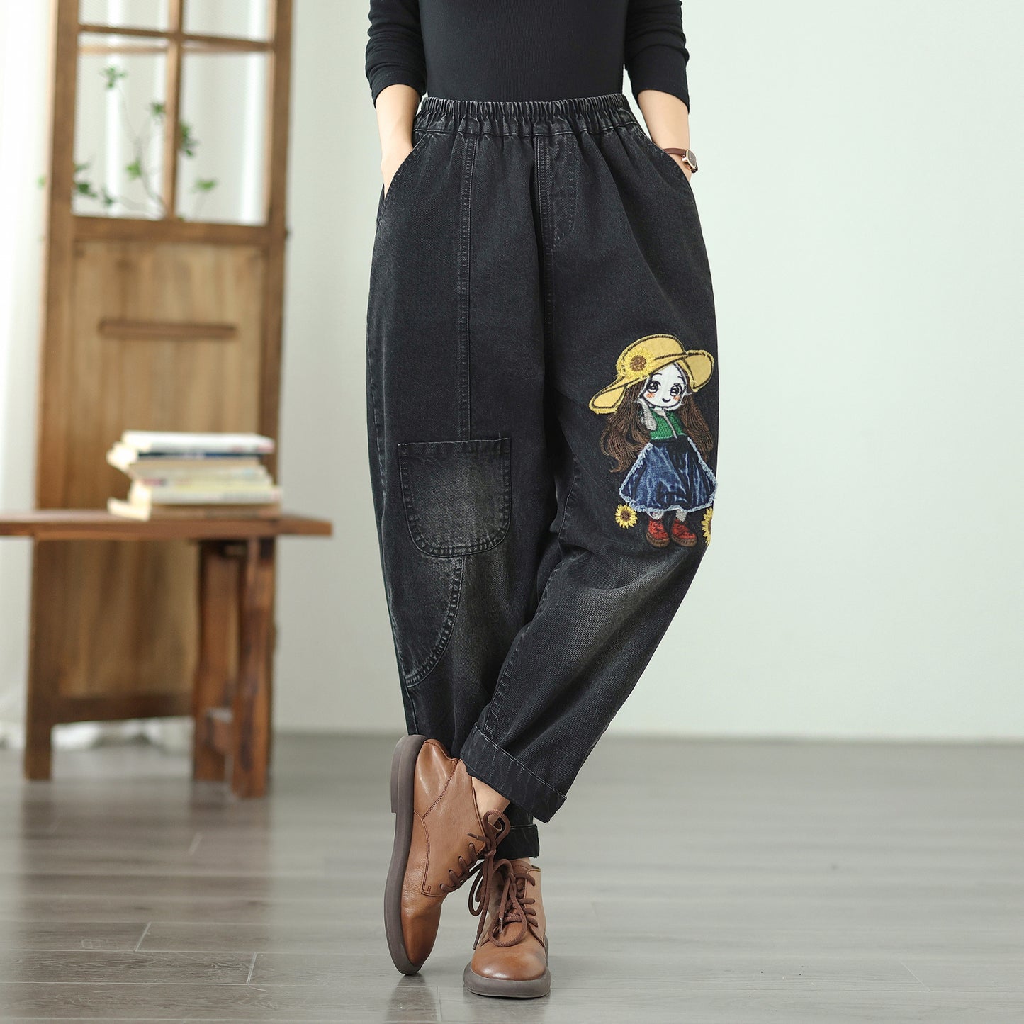 Women Jeans Denim Pants Elastic Waist