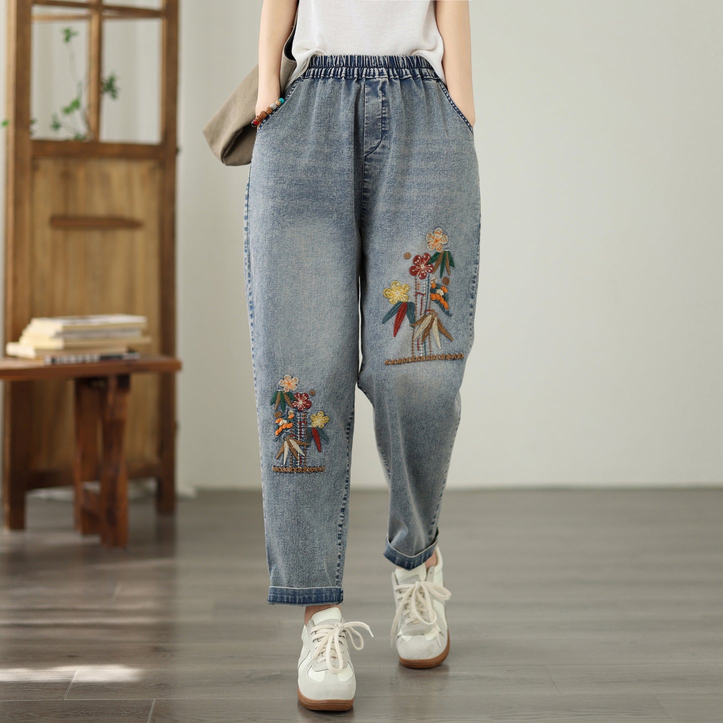 Women's Casual Denim Harem Jeans Elastic Waist Loose Pants - LAI MENG FIVE CATS