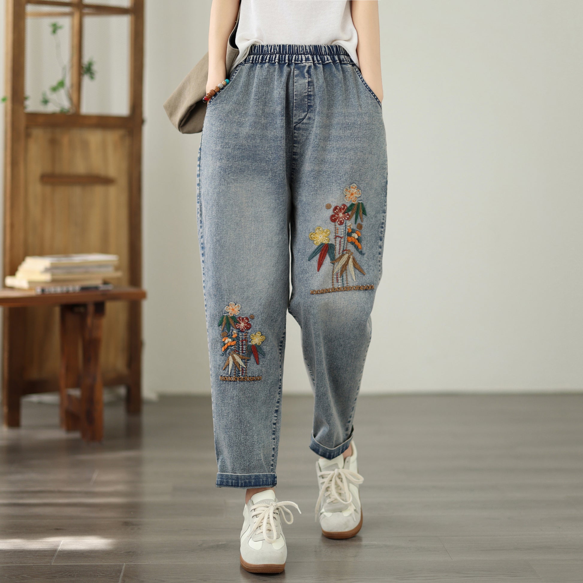 Women's Casual Denim Harem Jeans Elastic Waist Loose Pants - LAI MENG FIVE CATS