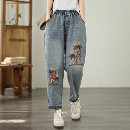 Women's Casual Denim Harem Jeans Elastic Waist Loose Pants - LAI MENG FIVE CATS