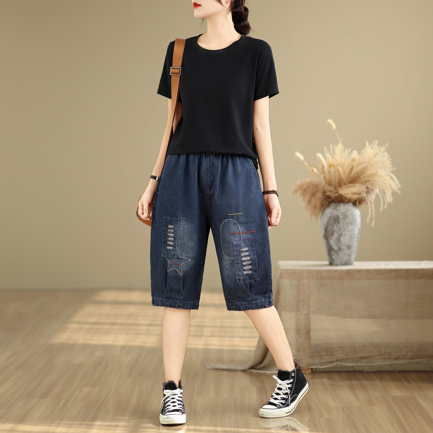 Women Denim Jeans Elastic Waist Harem Short Pants