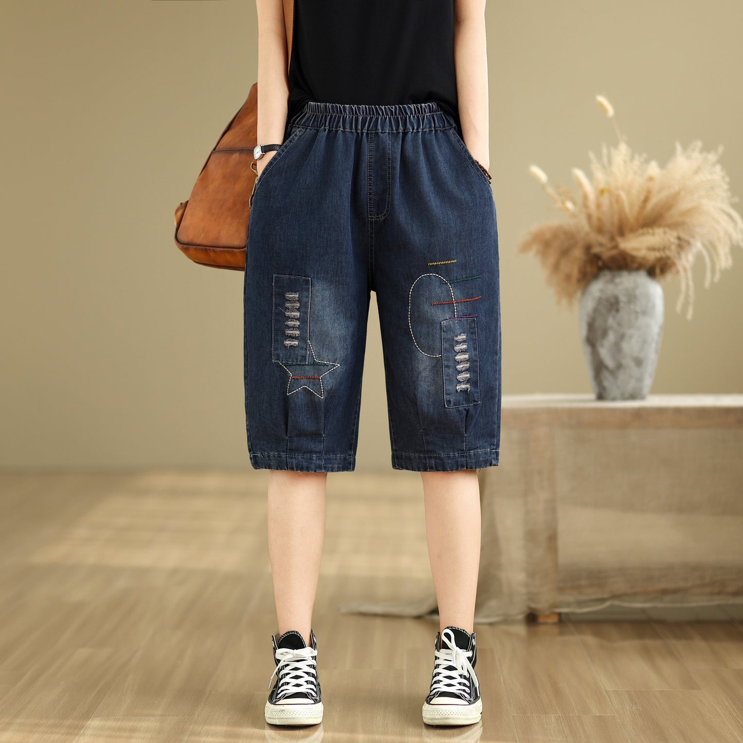 Women Denim Jeans Elastic Waist Harem Short Pants