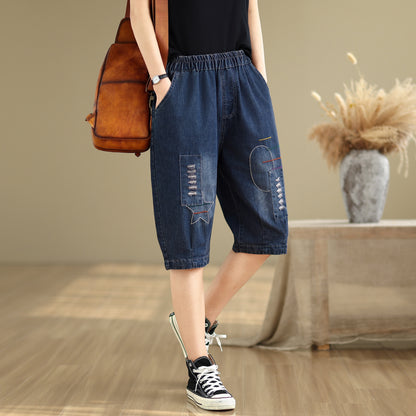 Women Denim Jeans Elastic Waist Harem Short Pants