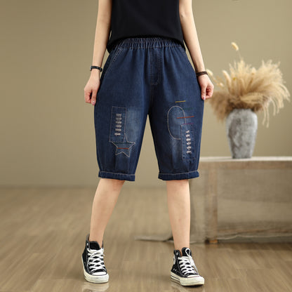 Women Denim Jeans Elastic Waist Harem Short Pants