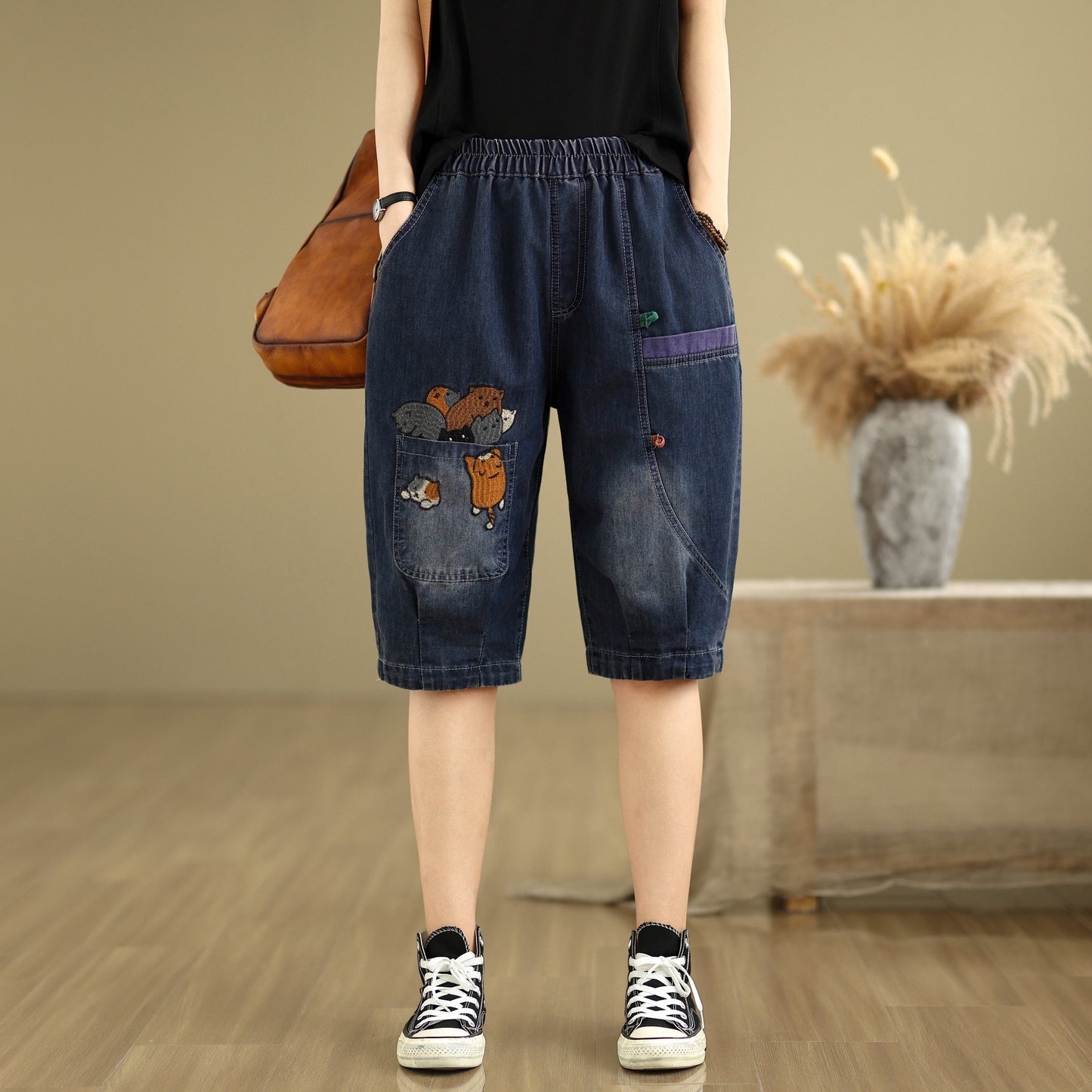 Women Denim Jeans Elastic Waist Harem Short Pants