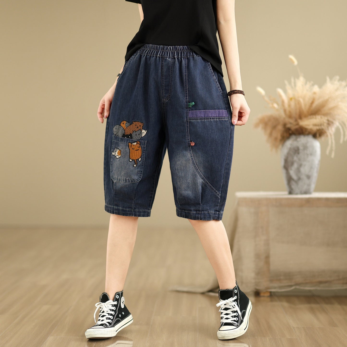 Women Denim Jeans Elastic Waist Harem Short Pants