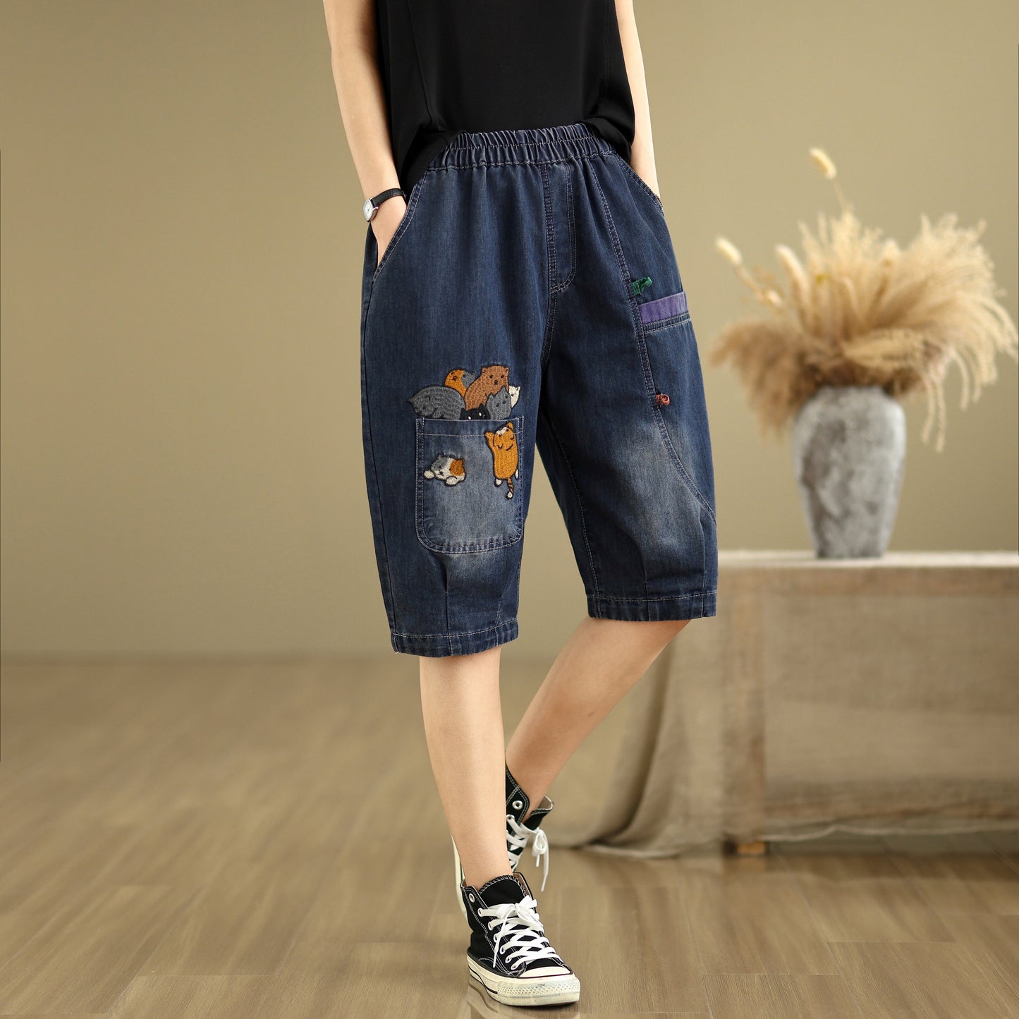 Women Denim Jeans Elastic Waist Harem Short Pants