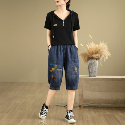 Women Denim Jeans Elastic Waist Harem Short Pants