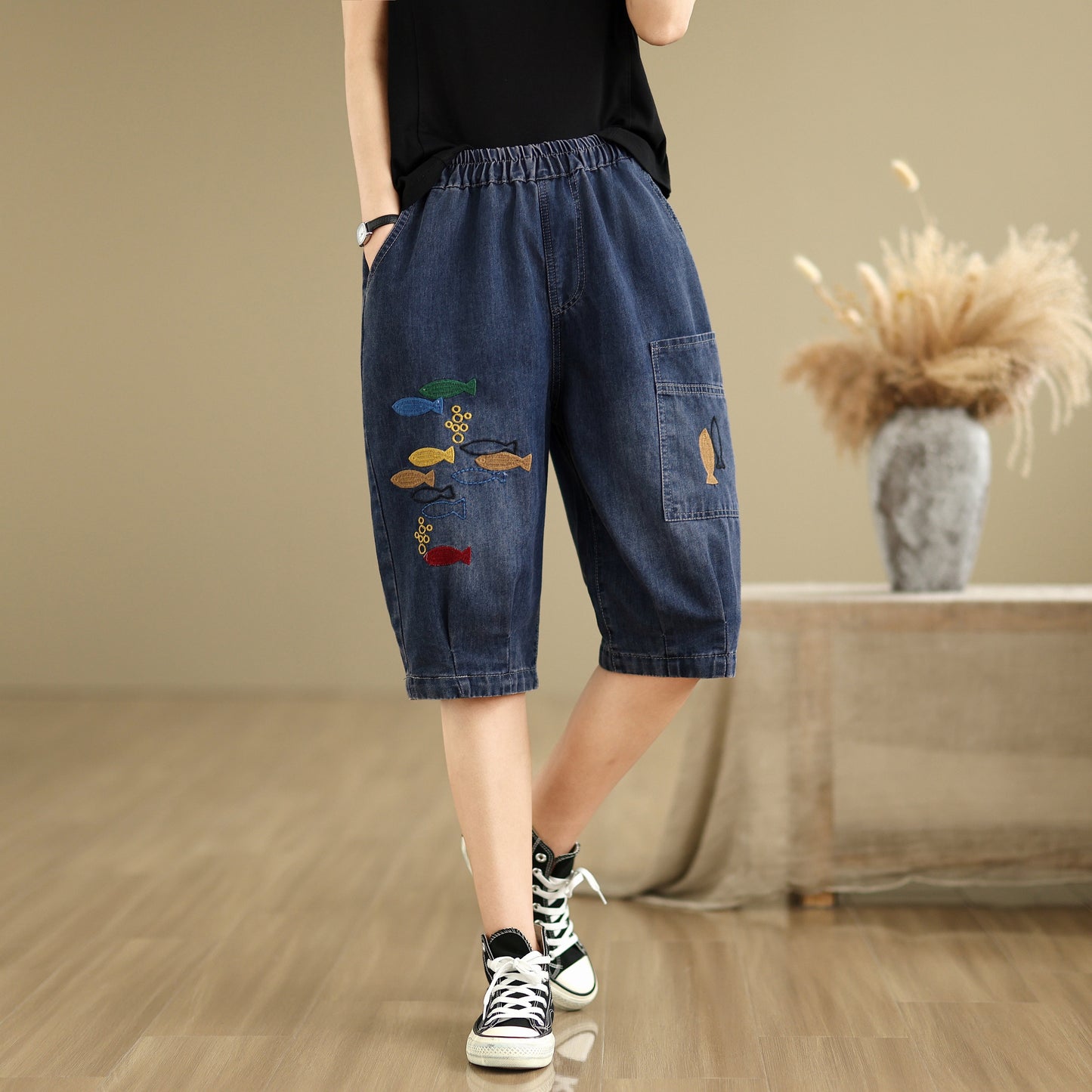 Women Denim Jeans Elastic Waist Harem Short Pants