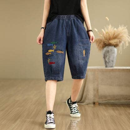 Women Denim Jeans Elastic Waist Harem Short Pants