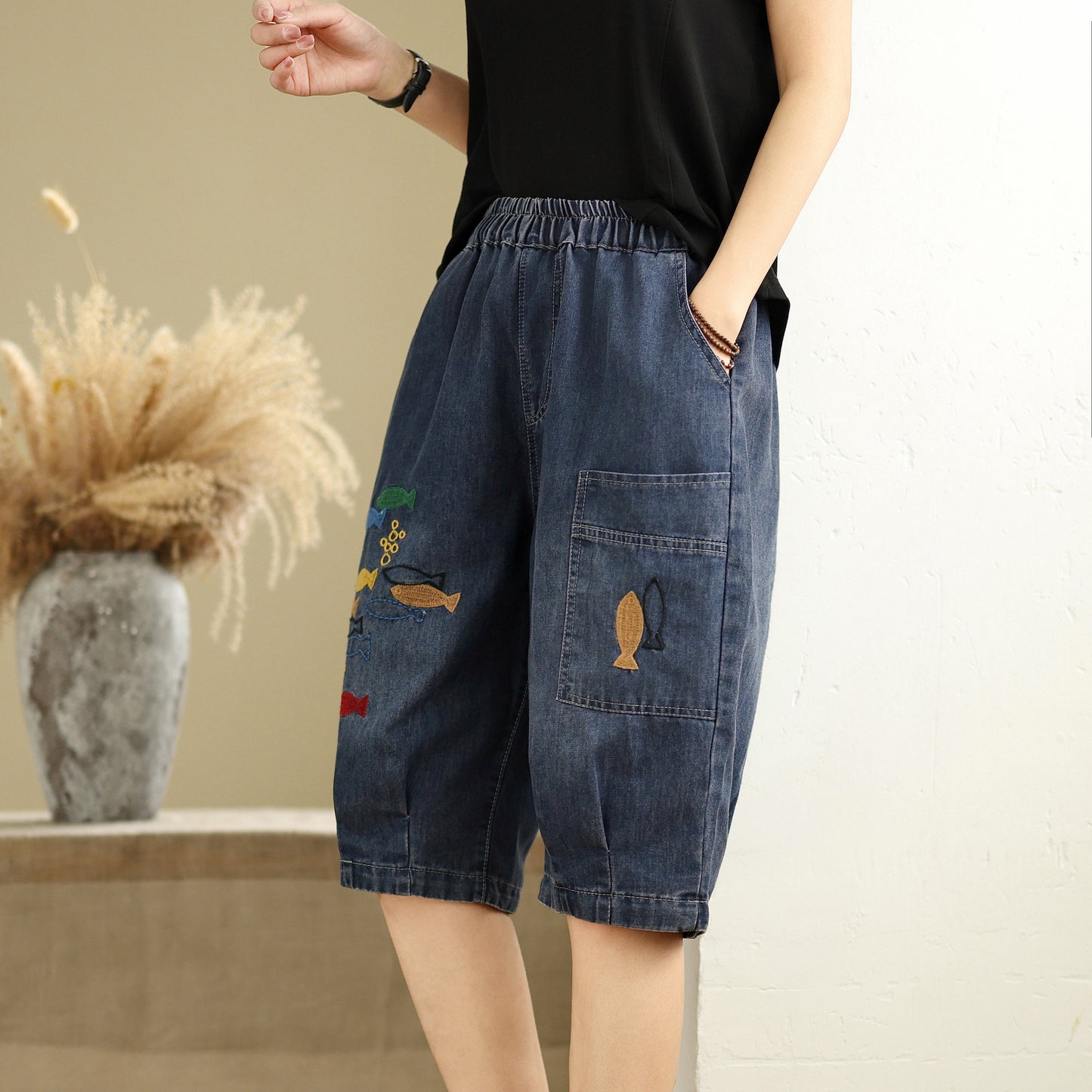 Women Denim Jeans Elastic Waist Harem Short Pants