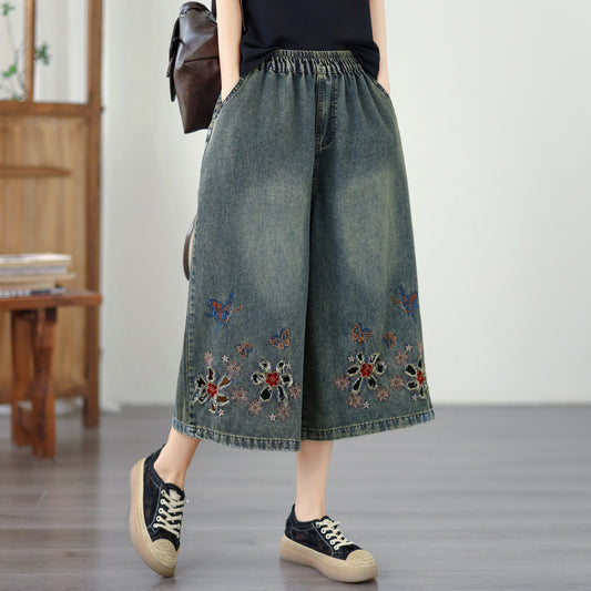 Women’s Embroidered Wide-Leg Cropped Elastic Waist Casual Summer Jeans - LAI MENG FIVE CATS