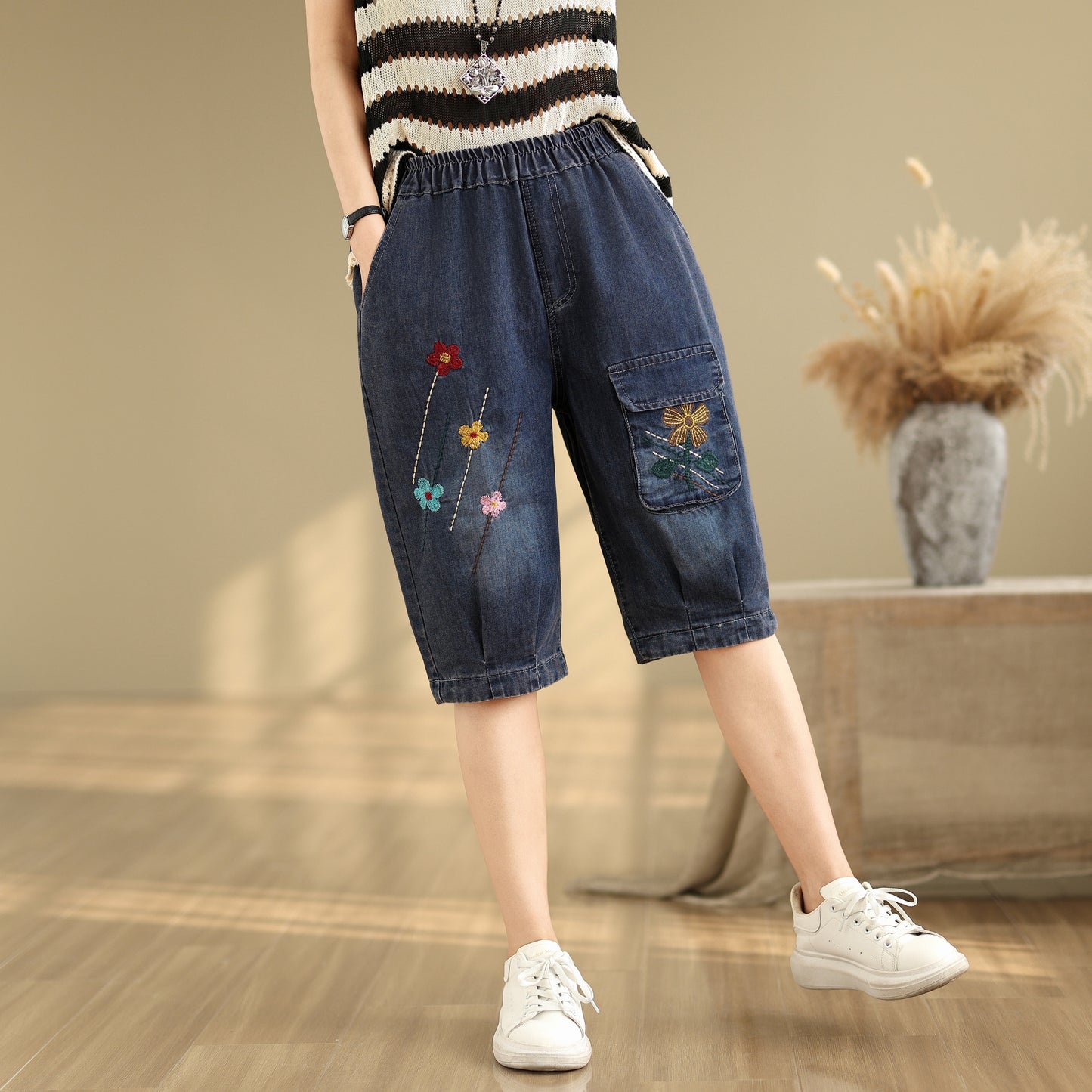 Women Denim Jeans Elastic Waist Harem Short Pants