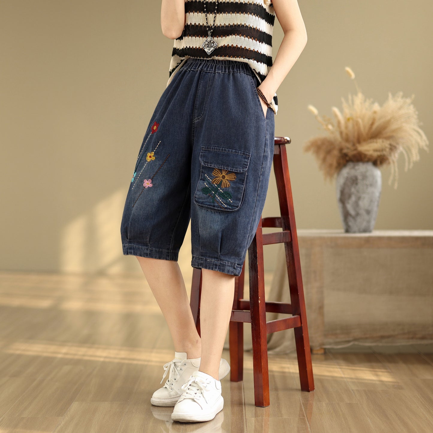 Women Denim Jeans Elastic Waist Harem Short Pants