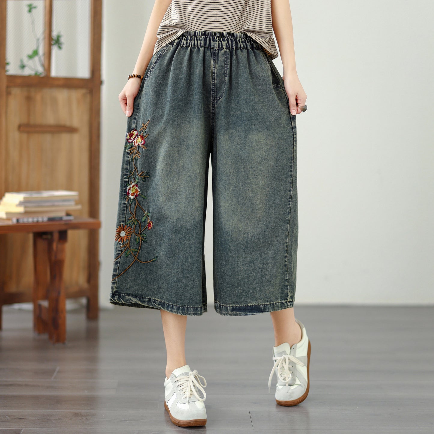Comfy Embroidered Denim Pants – Wide Leg Cropped Jeans for Summer - LAI MENG FIVE CATS