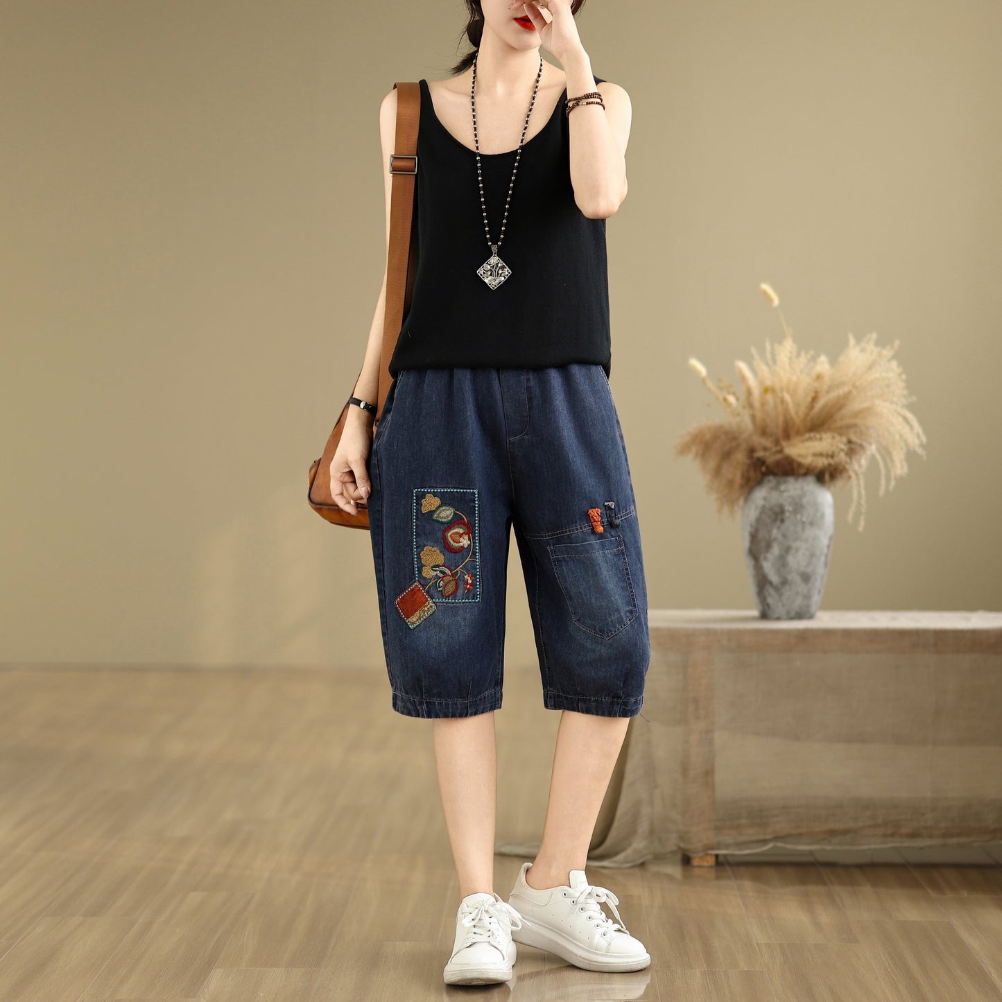 Women Denim Jeans Elastic Waist Harem Short Pants