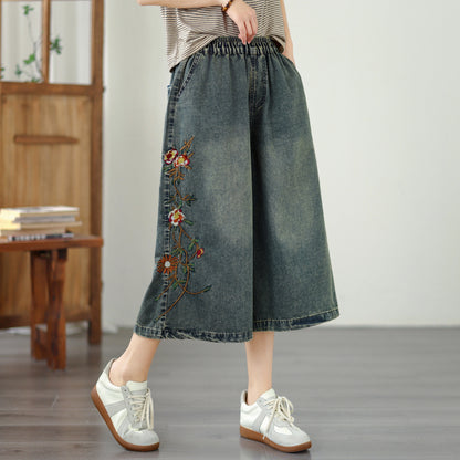 Comfy Embroidered Denim Pants – Wide Leg Cropped Jeans for Summer - LAI MENG FIVE CATS