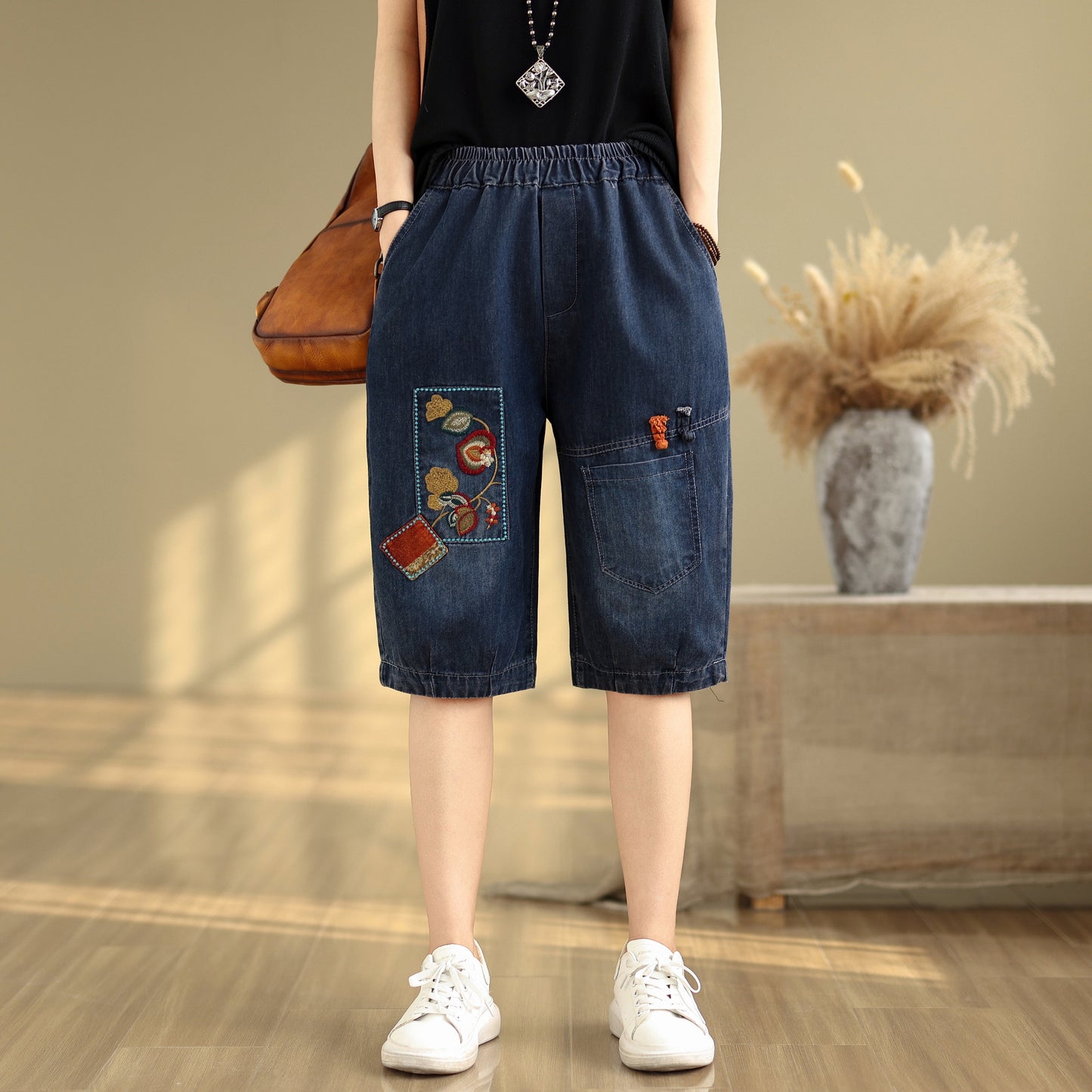 Women Denim Jeans Elastic Waist Harem Short Pants