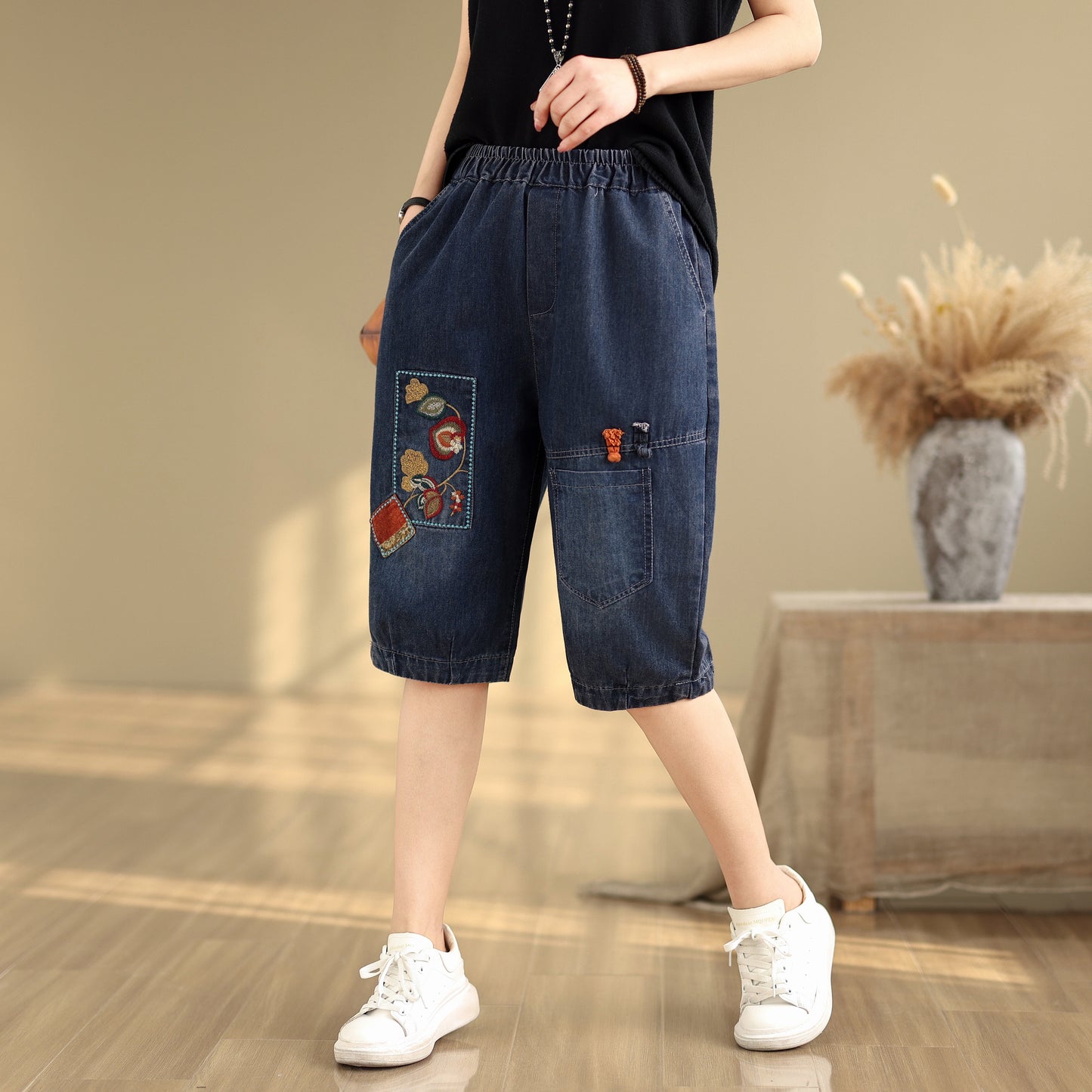 Women Denim Jeans Elastic Waist Harem Short Pants