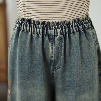 Comfy Embroidered Denim Pants – Wide Leg Cropped Jeans for Summer - LAI MENG FIVE CATS