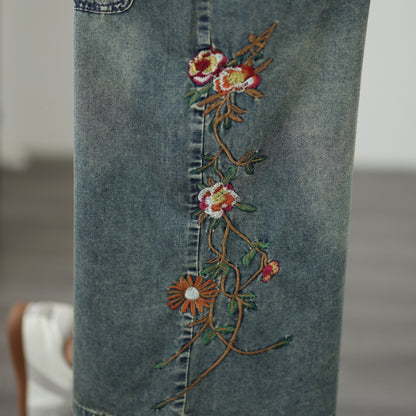 Comfy Embroidered Denim Pants – Wide Leg Cropped Jeans for Summer - LAI MENG FIVE CATS