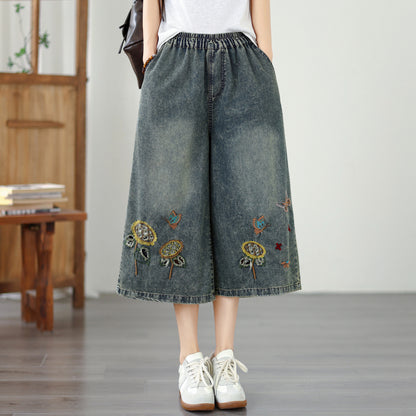 Women’s Embroidered Wide-Leg Cropped Denim Pants – Elastic Waist Casual Summer Jeans - LAI MENG FIVE CATS