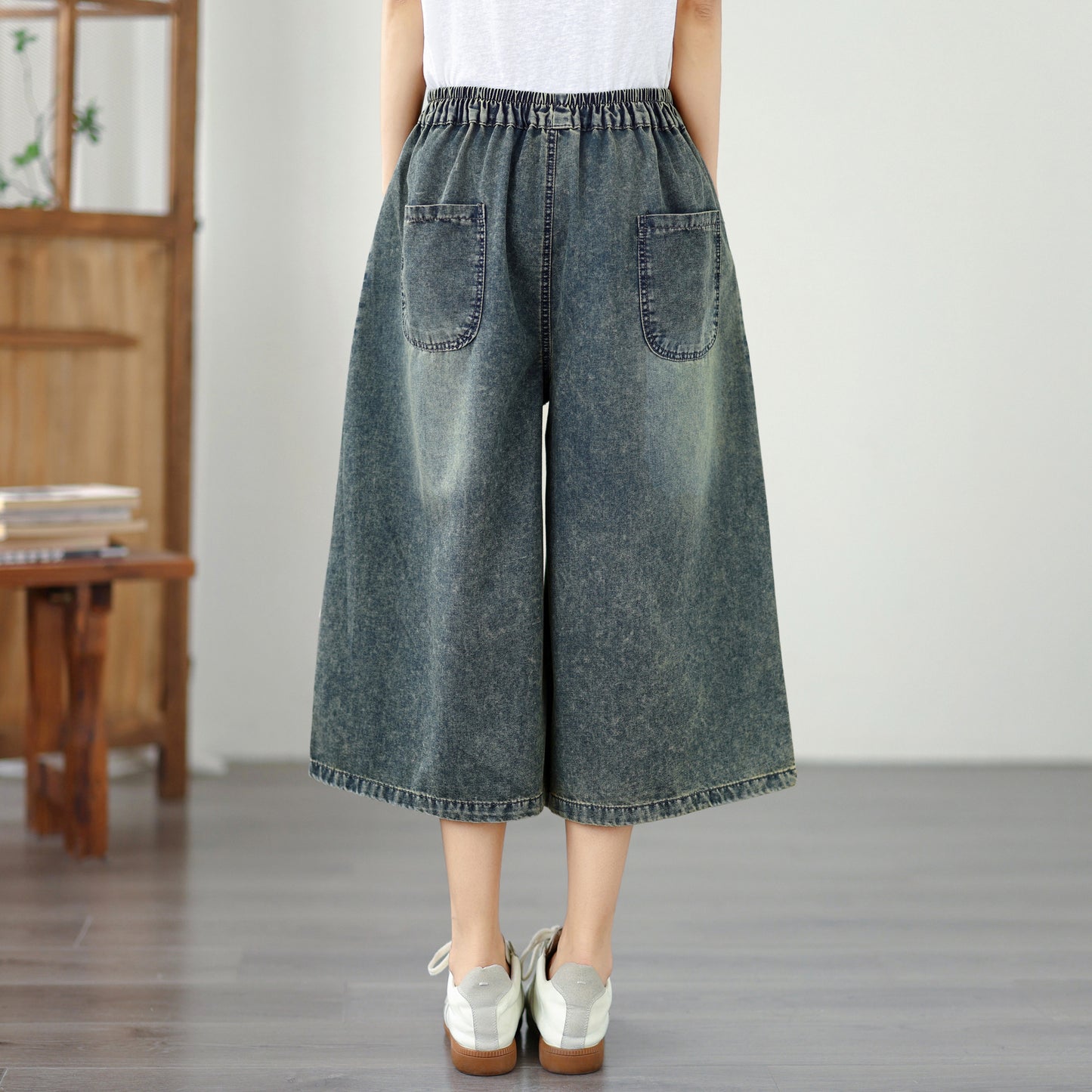Women’s Embroidered Wide-Leg Cropped Denim Pants – Elastic Waist Casual Summer Jeans - LAI MENG FIVE CATS