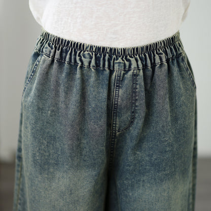 Women’s Embroidered Wide-Leg Cropped Denim Pants – Elastic Waist Casual Summer Jeans - LAI MENG FIVE CATS
