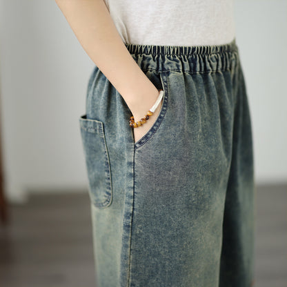 Women’s Embroidered Wide-Leg Cropped Denim Pants – Elastic Waist Casual Summer Jeans - LAI MENG FIVE CATS