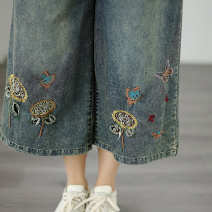 Women’s Embroidered Wide-Leg Cropped Denim Pants – Elastic Waist Casual Summer Jeans - LAI MENG FIVE CATS