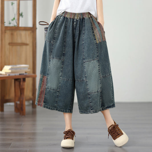 Women's Wide-Leg Cropped Patchwork Jeans - LAI MENG FIVE CATS