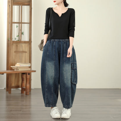 Women's Baggy Jeans Drawstring Elastic Barrel Denim Pants