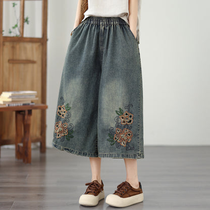 Embroidered Elastic Waist Cropped Jeans – Floral Edition