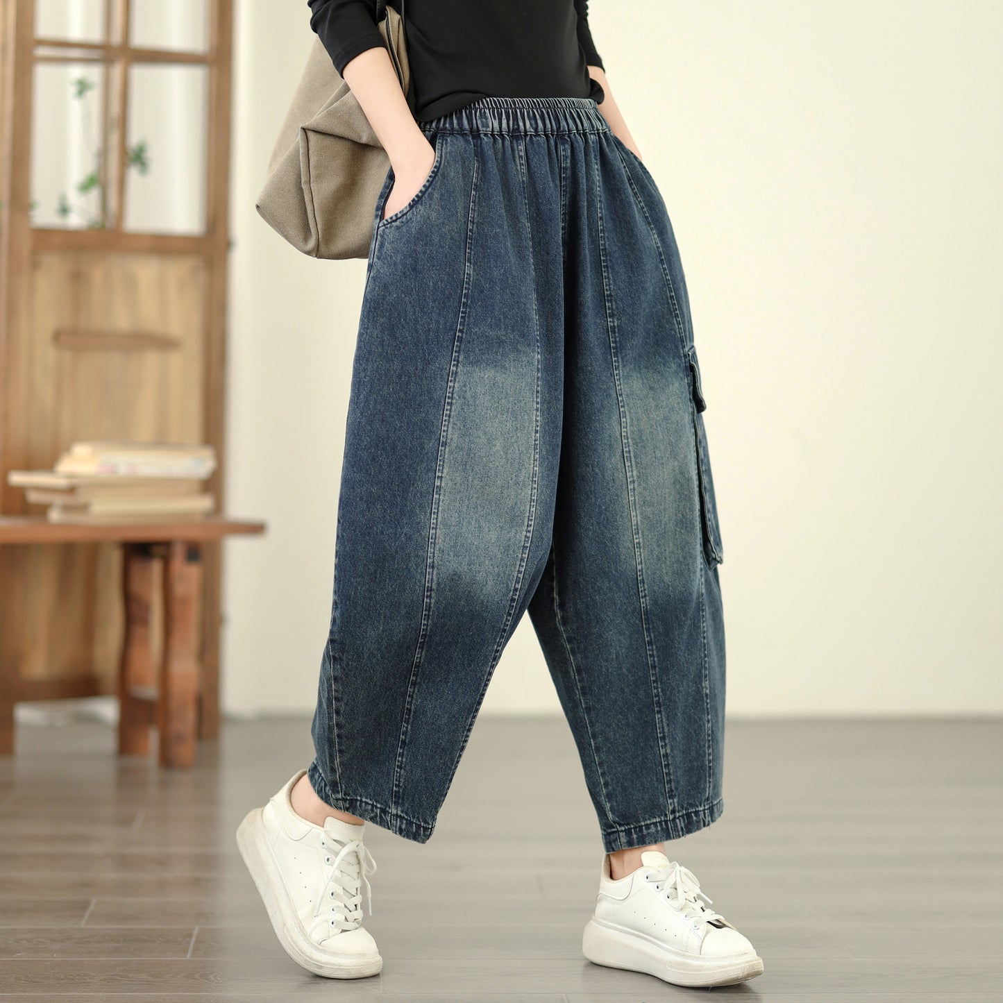 Women's Baggy Jeans Drawstring Elastic Barrel Denim Pants