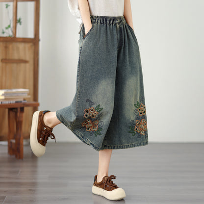 Embroidered Wide-Leg Cropped Denim Pants
