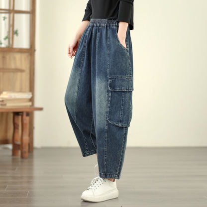 Women's Baggy Jeans Drawstring Elastic Barrel Denim Pants