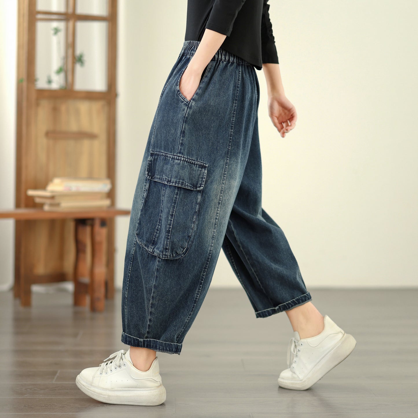 Women's Baggy Jeans Drawstring Elastic Barrel Denim Pants