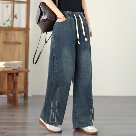 Elastic waist distressed Jeans – High Waist, Loose Fit, Summer Denim - LAI MENG FIVE CATS