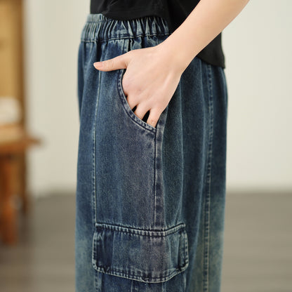 Women's Baggy Jeans Drawstring Elastic Barrel Denim Pants