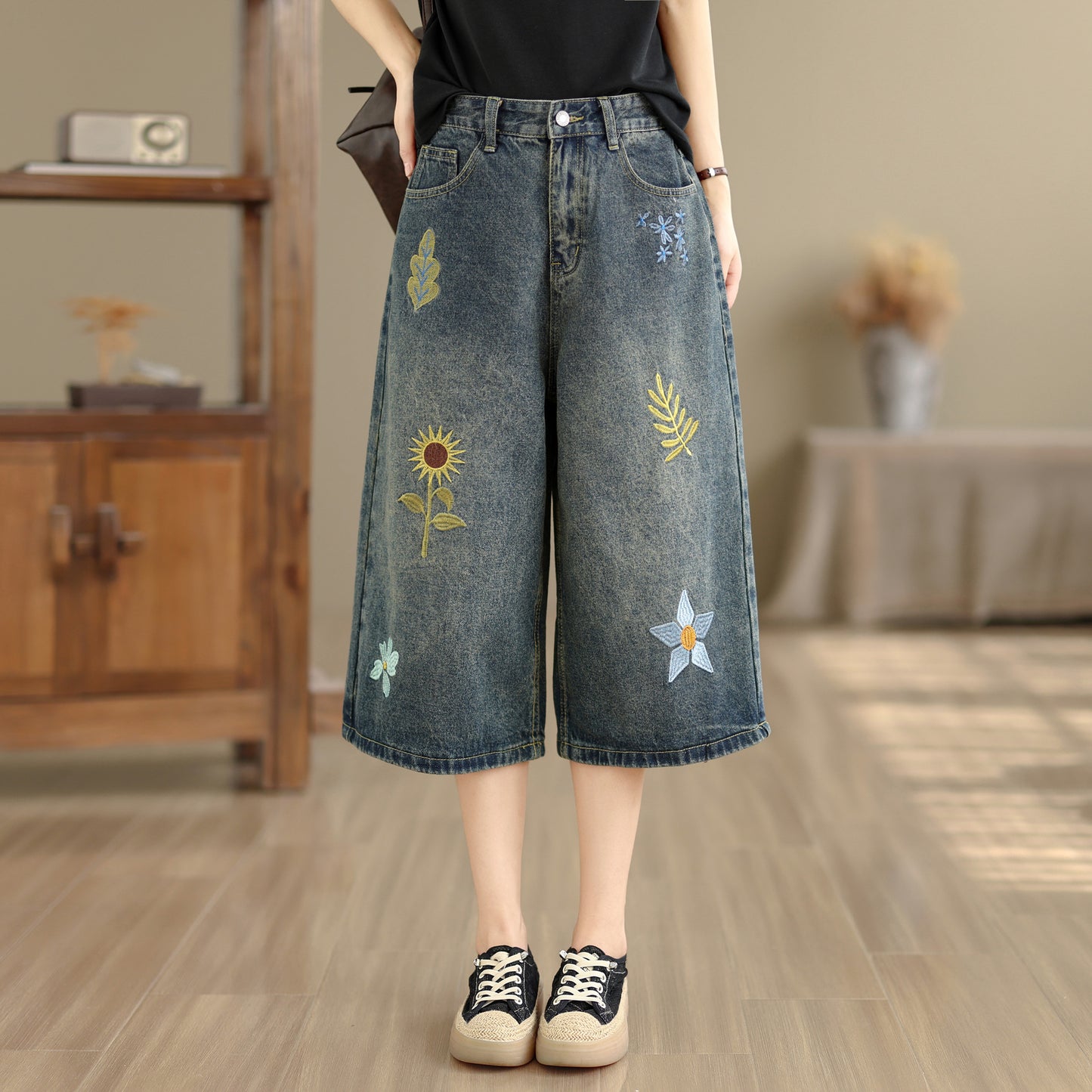 Embroidered Cropped Wide Leg Jeans | Floral Summer Denim