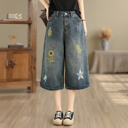 Embroidered Cropped Wide Leg Jeans | Floral Summer Denim