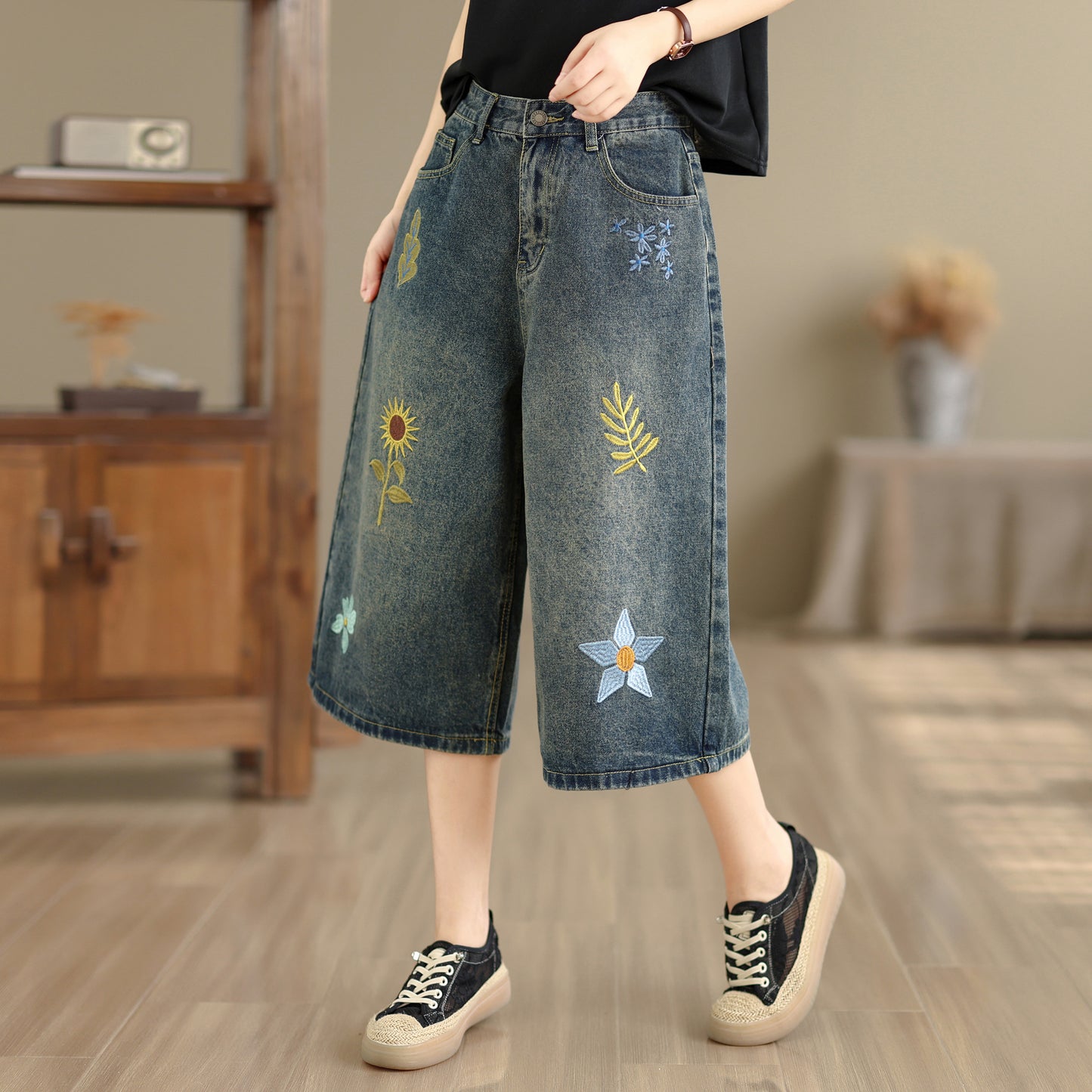 Embroidered Cropped Wide Leg Jeans | Floral Summer Denim