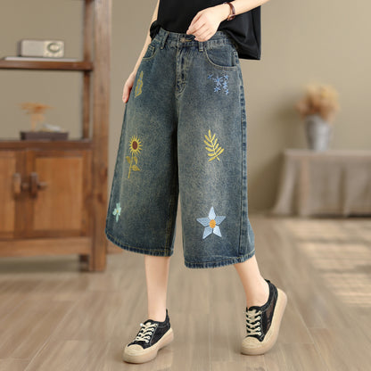 Embroidered Cropped Wide Leg Jeans | Floral Summer Denim