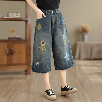Embroidered Cropped Wide Leg Jeans | Floral Summer Denim