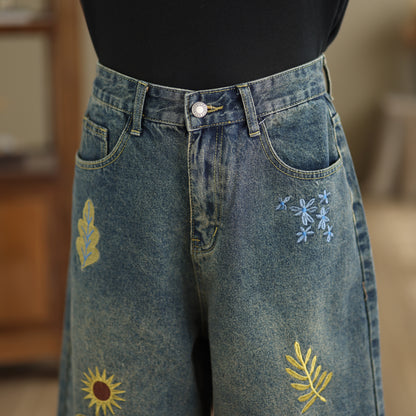 Embroidered Cropped Wide Leg Jeans | Floral Summer Denim
